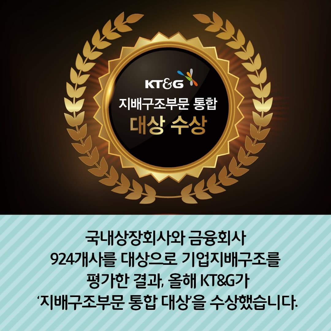 국내상장회사와 금융회사 924개사를 대상으로 기업지내구조를 평가한 결과, 올해 KT&G가 '지배구조부문 통합 대상'을 수상했습니다.