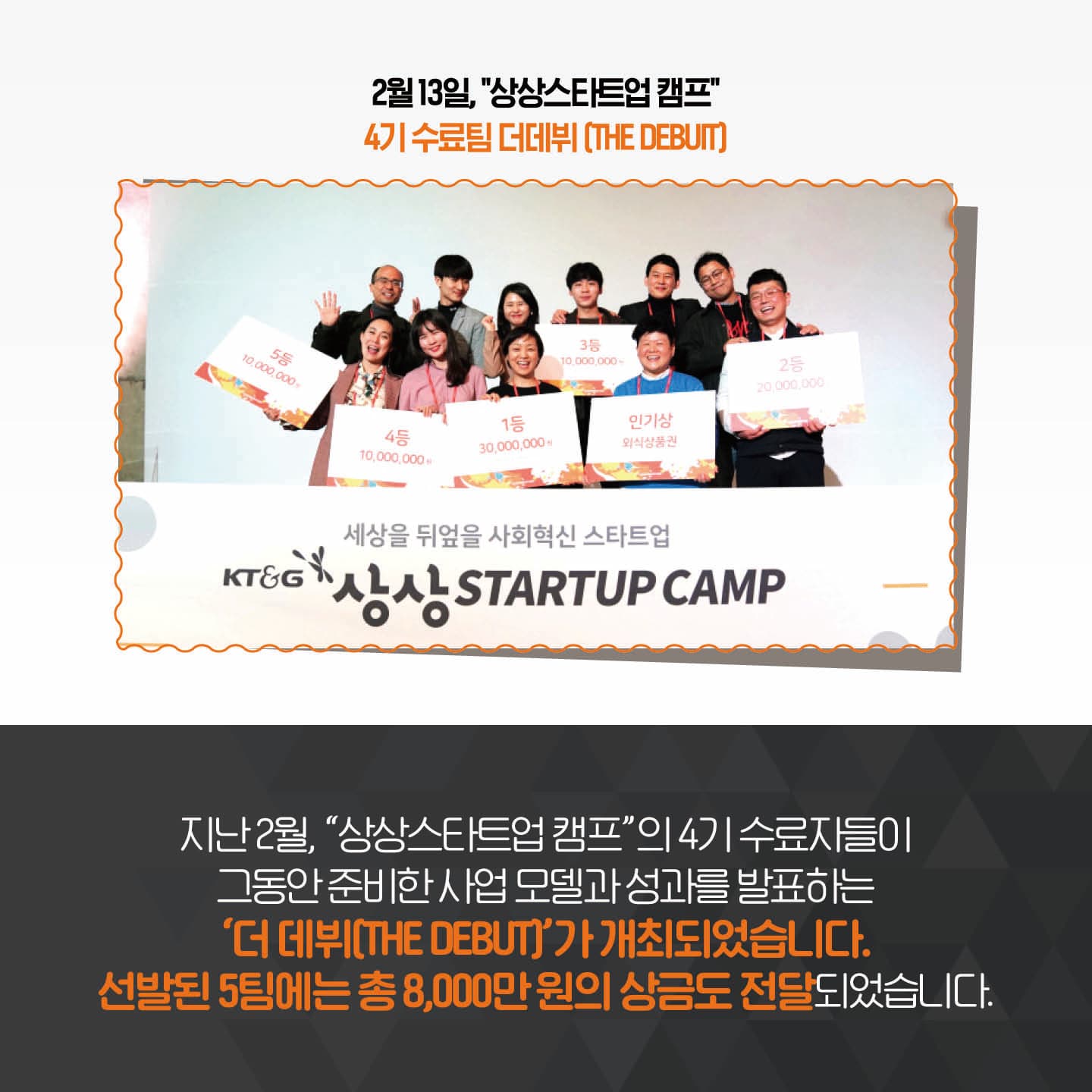 지난 2월, 상상스타트업 캠프의 4기 수료자들이 그동안 준비한 사업 모델과 성과를 발표하는 더 데뷔가 개최되었습니다. 선발된 5팀에는 총 8,000만원의 상금도 전달되었습니다.