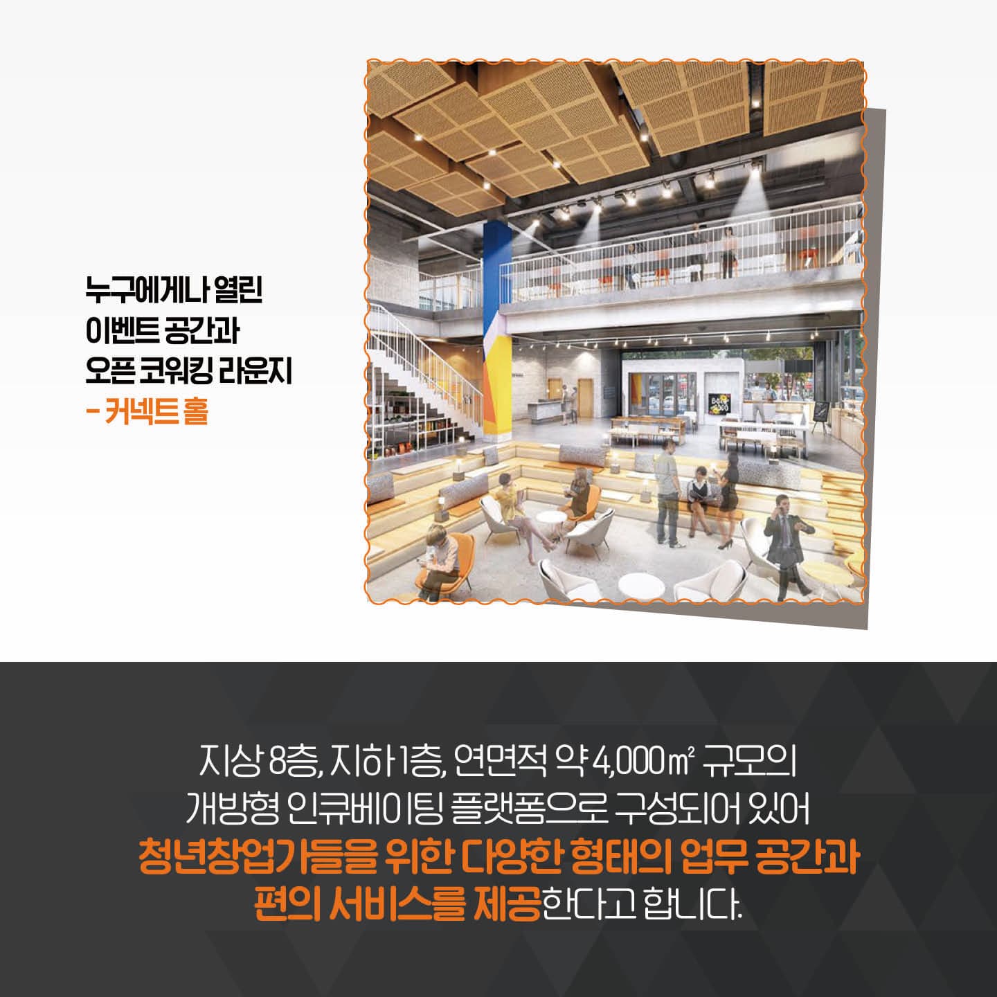 지상 8층, 지하 1층, 연면적 약 4,000㎡ 규모의 개방형 인큐베이팅 플랫폼으로 구성되어 있어 청년창업가들을 위한 다양한 형태의 업무 공간과 편의 서비스를 제공한다고 합니다.