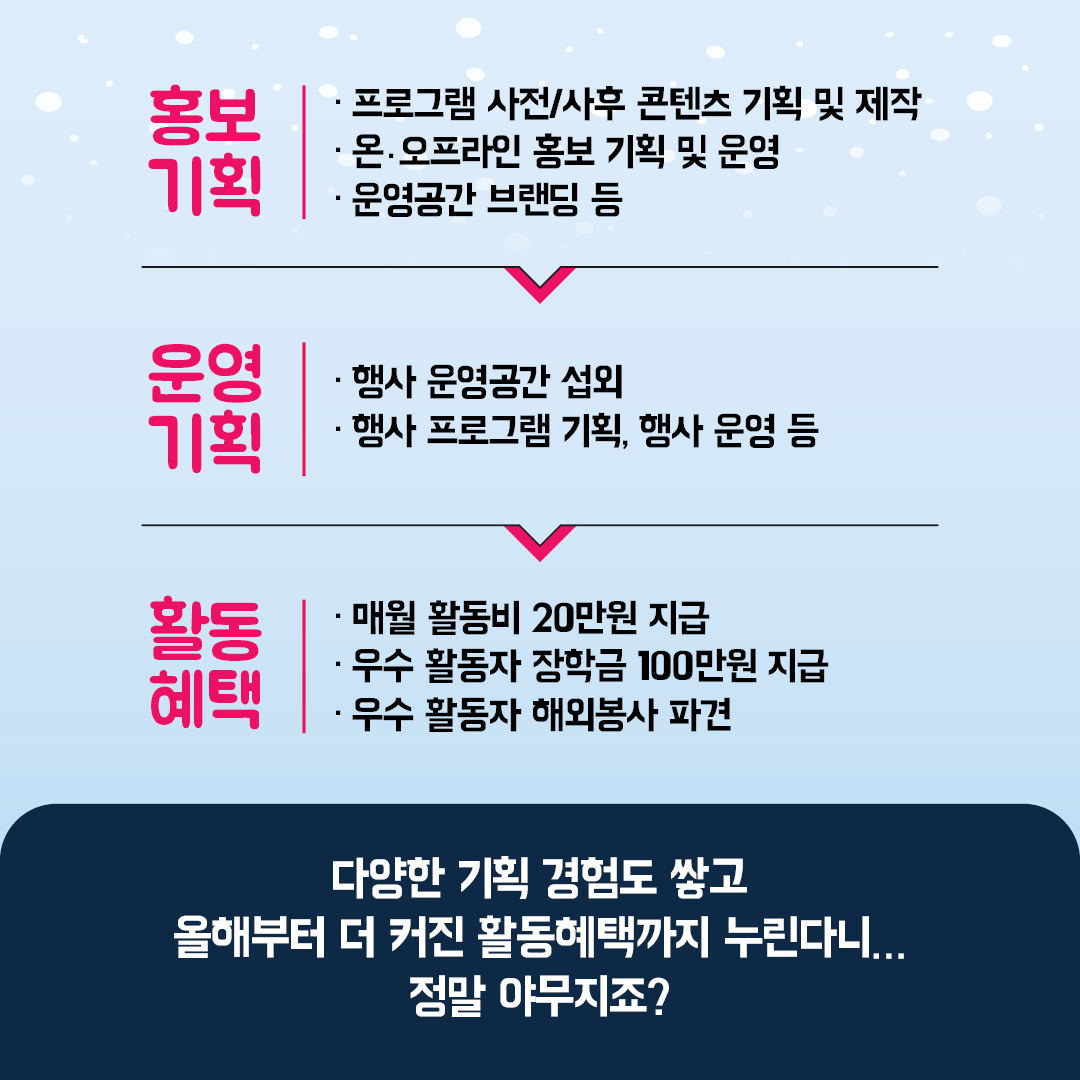 다양한 기획 경험도 쌓고 울해부터 더 커진 활동혜택까지 누린다니 정말 야무지죠?