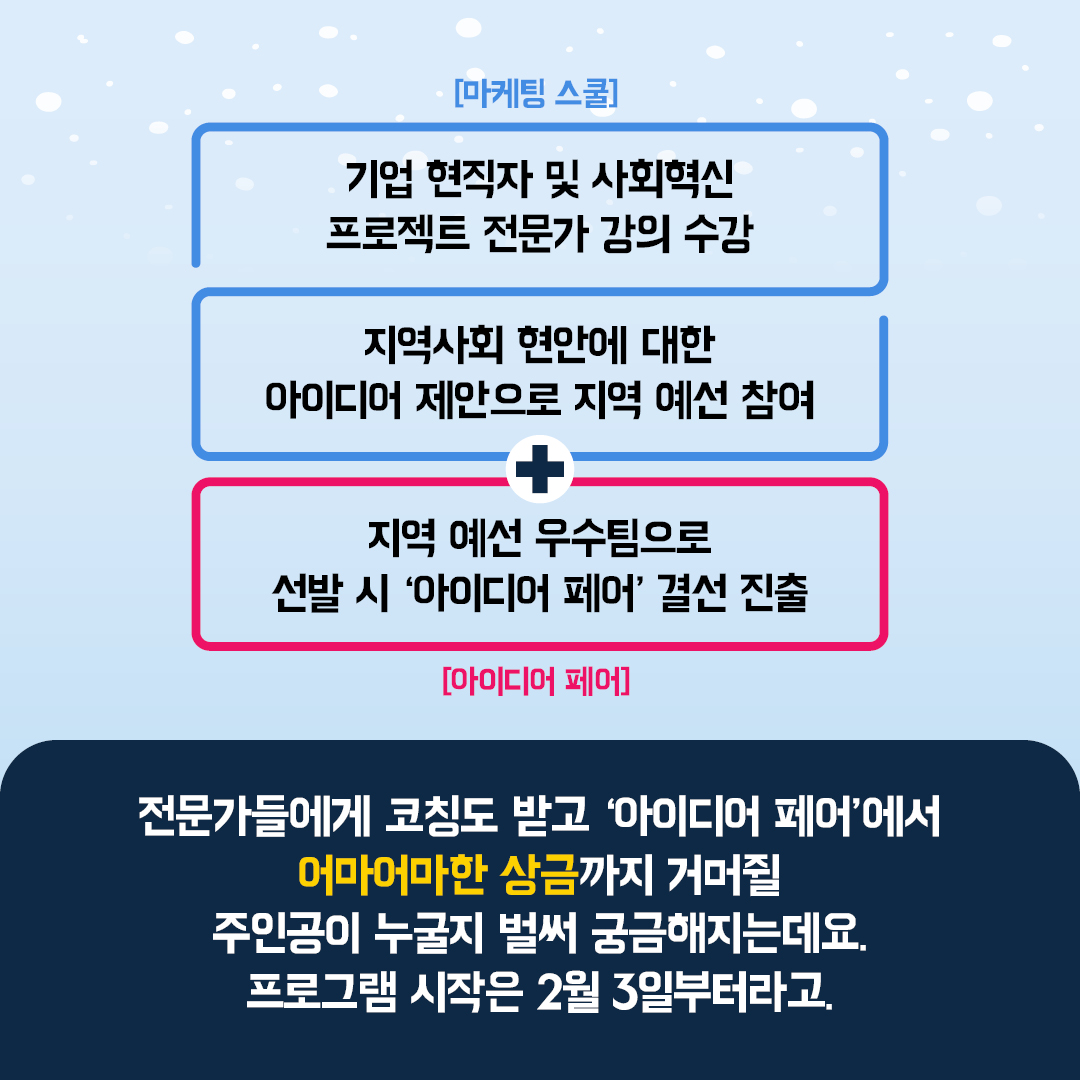 전문가들에게 코칭도 받고 아이디어 페어에서 어마어마한 상금까지 거머쥘 주인공이 누굴지 벌써 궁금해지는데요. 프로그램 시작은 2월3일 부터라고