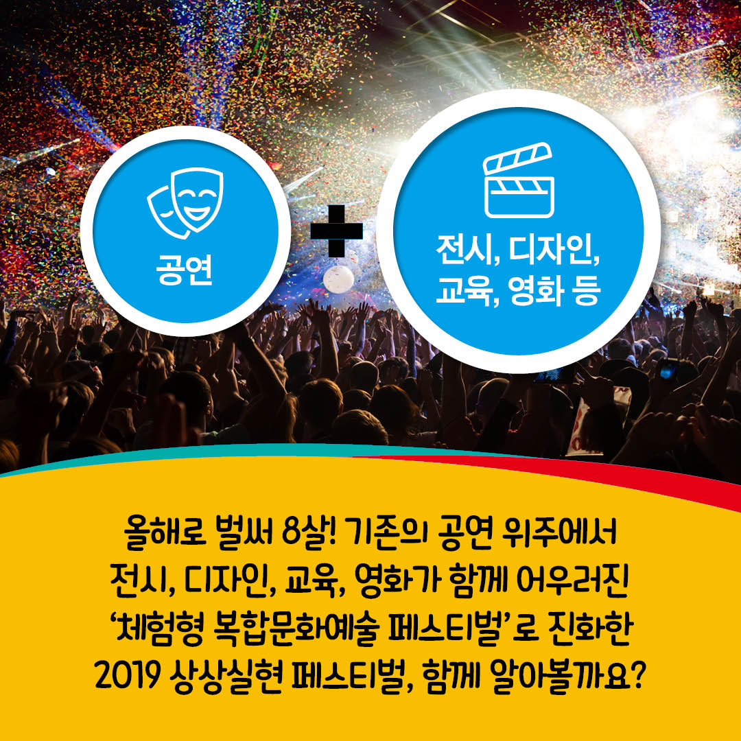 올해로 벌써 8살! 기존의 공연 위주에서 전시, 디자인, 교육, 영화가 함께 어우러진 체험형 복합문화예술 페스티벌로 진화한 2019년 상상실현 페스티벌, 함께 알아볼까요?