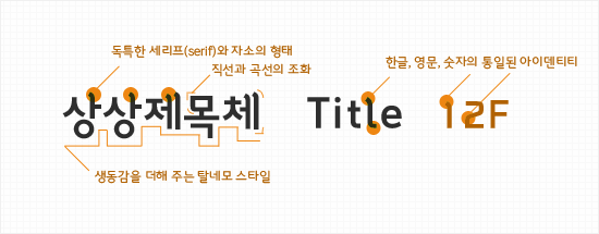 상상제목체 - 독특한 세리프(serif)와 자소의 형태, 직선과 곡선의 조화, 생동감을 더해 주는 탈네모 스타일, 한글, 영문, 숫자의 통일된 아이덴티티