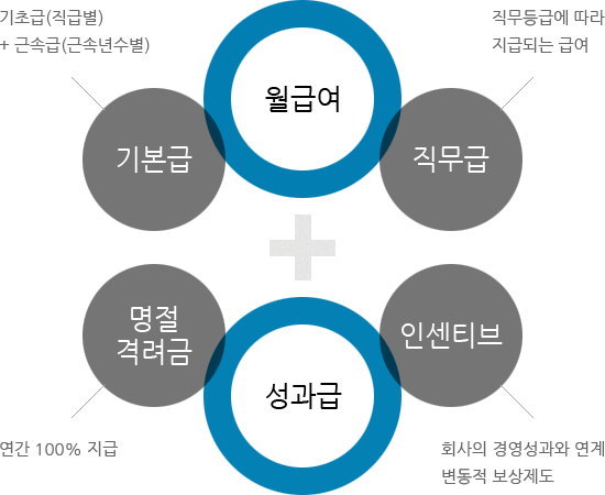 월급여 = 기본급[기초급(직급별)+근속급(근속년수별)] + 직무급(직무등급에 따라 지급되는 급여) / 성과급 = 정기상여금(연간300%지급) + 인센티브(회사의 경영성과와 연계 변동적 보상제도)