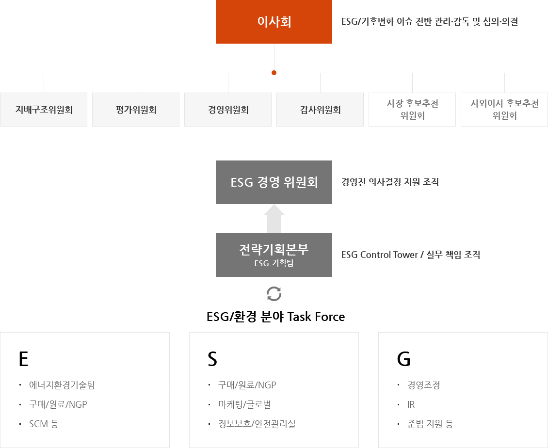이사회 - ESG/기후변화 이슈 전반 관리 감독 및 심의 의결 / 지배구조위원회, 평가위원회, 경영위원회, 감사위원회, 사장 후보추천 위원회, 사외이사 후보추천 위원회 - ESG 경영 위원회 (경영진 의사결정 지원 조직) - 전략기획본부 ESG 기획팀 (ESG Control Tower / 실무 책임 조직), ESG/환경분야 Task Force / E - 에너지환경기술팀, 구매/원료/NGP, SCM 등 , S - 구매/원료/NGP, 마케팅/글로벌, 정보보호/안전관리실 , G - 경영조정, IR, 준법 집원 등
